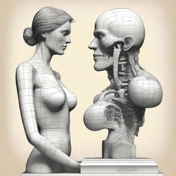 A superior quality digital art image displaying a detailed drawing of a woman and a sculpture of a man