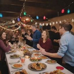 A lively and festive occasion, with colorful decorations, people laughing and celebrating, tables full of food, sparkling lights, and a warm, cheery atmosphere.