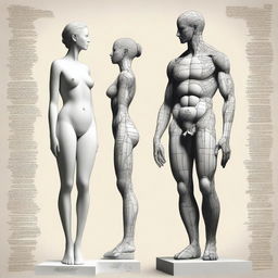 A superior quality digital art image displaying a detailed drawing of a woman and a sculpture of a man