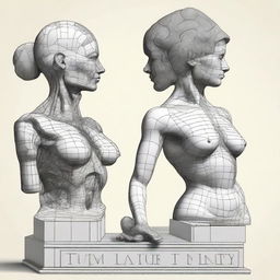 A superior quality digital art image displaying a detailed drawing of a woman and a sculpture of a man