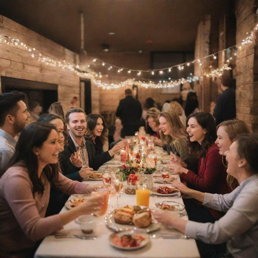 A lively and festive occasion, with colorful decorations, people laughing and celebrating, tables full of food, sparkling lights, and a warm, cheery atmosphere.