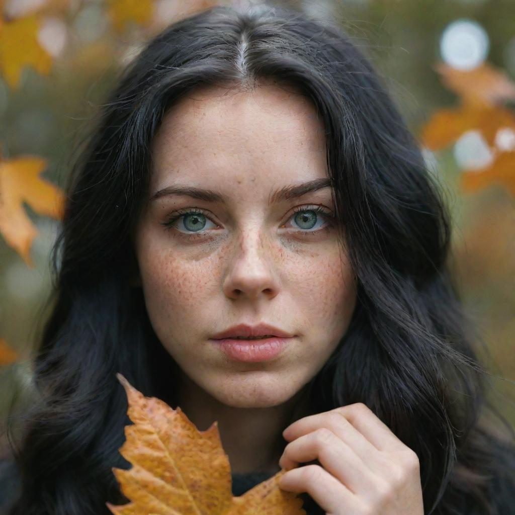 Capture a raw-style 4K HD, medium-distance photo, as though shot by Sony Alpha II and Sony FE 200, of a 23-year-old female with green eyes, freckles, and long black hair, watching autumn leaves drifting down.