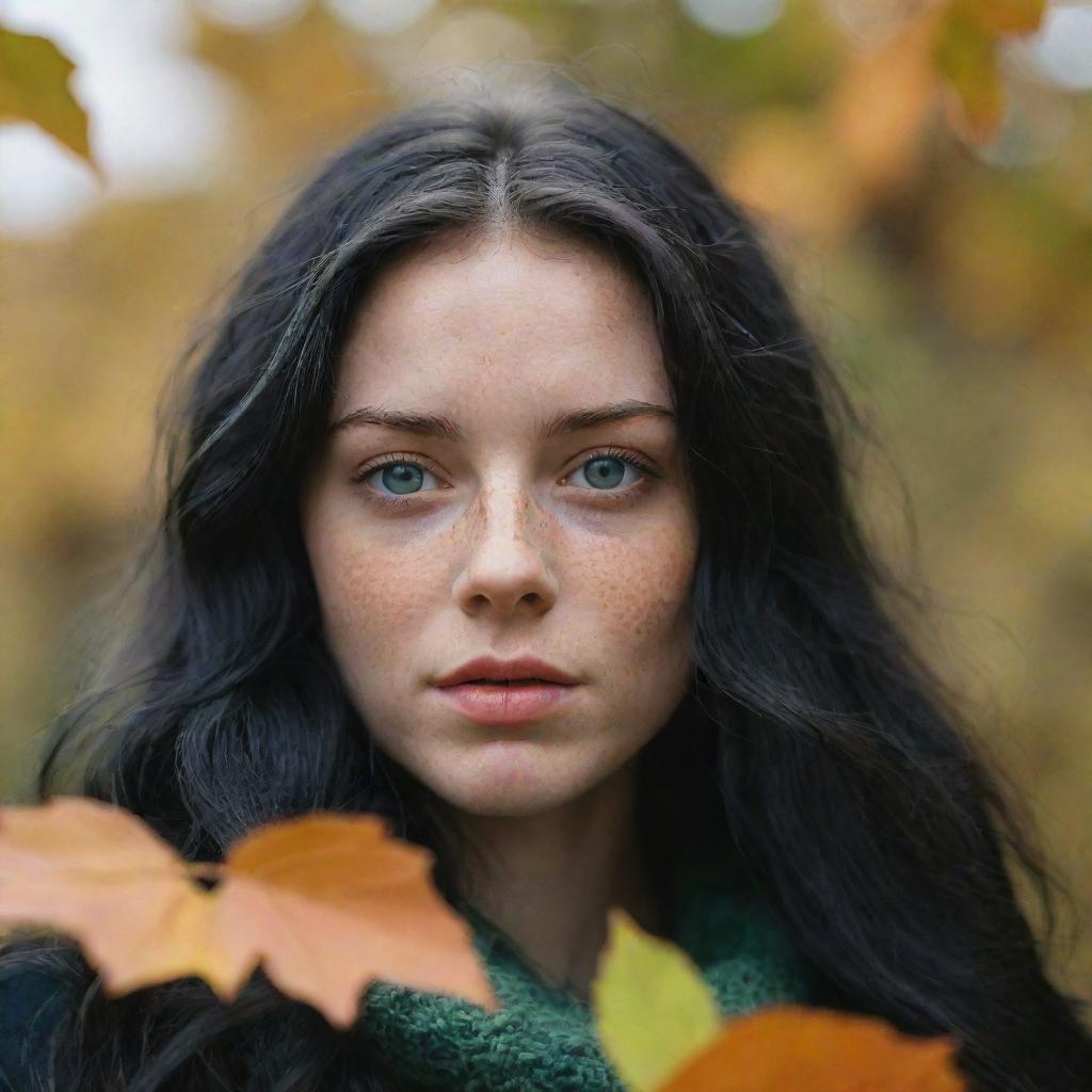 Capture a raw-style 4K HD, medium-distance photo, as though shot by Sony Alpha II and Sony FE 200, of a 23-year-old female with green eyes, freckles, and long black hair, watching autumn leaves drifting down.