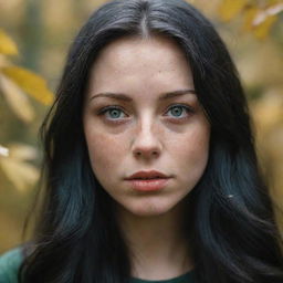 Capture a raw-style 4K HD, medium-distance photo, as though shot by Sony Alpha II and Sony FE 200, of a 23-year-old female with green eyes, freckles, and long black hair, watching autumn leaves drifting down.