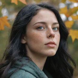 Capture a raw-style 4K HD, medium-distance photo, as though shot by Sony Alpha II and Sony FE 200, of a 23-year-old female with green eyes, freckles, and long black hair, watching autumn leaves drifting down.