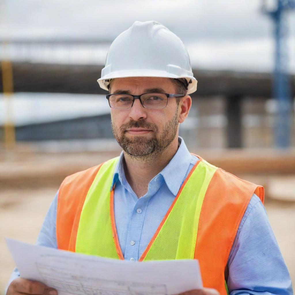 Close-up professional profile image of a deputy bridge construction manager, wearing a safety helmet and glasses, with blueprint in hand, and a construction site blurred in the background