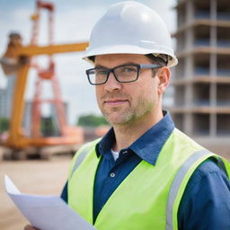 Close-up professional profile image of a deputy bridge construction manager, wearing a safety helmet and glasses, with blueprint in hand, and a construction site blurred in the background