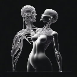 A high-resolution digital art image depicting a precise drawing of a woman and a carefully sculpted man against a stark black background