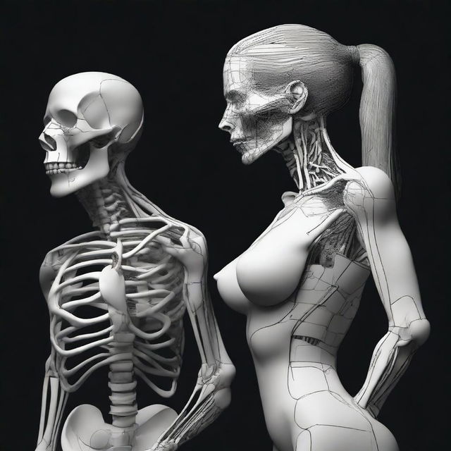 A high-resolution digital art image depicting a precise drawing of a woman and a carefully sculpted man against a stark black background