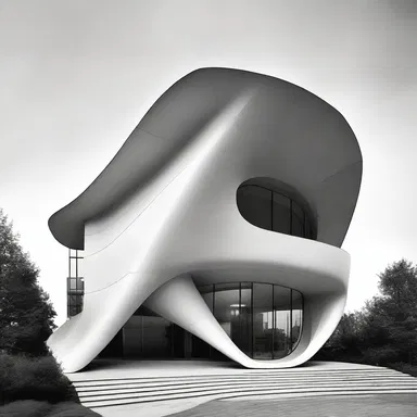The modern building had a unique tadpole-shaped structure, with a curving facade and a tapering end.