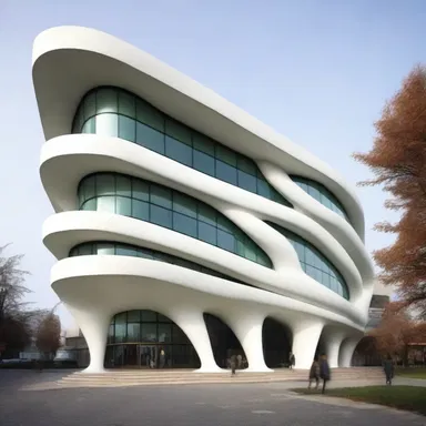 The modern building had a unique tadpole-shaped structure, with a curving facade and a tapering end.