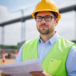 Close-up professional profile image of a deputy bridge construction manager, wearing a safety helmet and glasses, with blueprint in hand, and a construction site blurred in the background