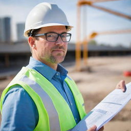 Close-up professional profile image of a deputy bridge construction manager, wearing a safety helmet and glasses, with blueprint in hand, and a construction site blurred in the background