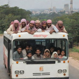 A group of Islamic students riding a bus towards the thriving city of Bangalore, India, displaying a mix of traditional and contemporary lifestyles.