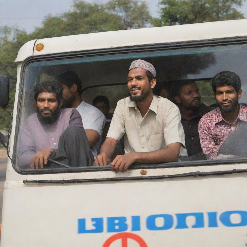 A group of Islamic students riding a bus towards the thriving city of Bangalore, India, displaying a mix of traditional and contemporary lifestyles.