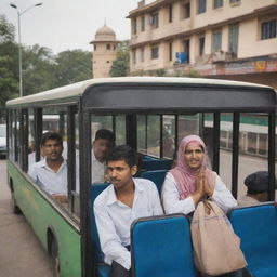 A group of Islamic students riding a bus towards the thriving city of Bangalore, India, displaying a mix of traditional and contemporary lifestyles.