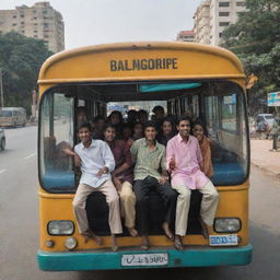 A group of Islamic students riding a bus towards the thriving city of Bangalore, India, displaying a mix of traditional and contemporary lifestyles.