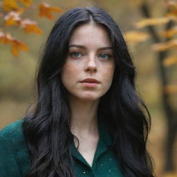 Capture a raw-style 4K HD, medium-distance, full body photo, as though shot by Sony Alpha II and Sony FE 200, of a 23-year-old female with green eyes, freckles, and long black hair, watching autumn leaves drifting down.