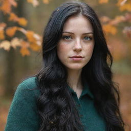 Capture a raw-style 4K HD, medium-distance, full body photo, as though shot by Sony Alpha II and Sony FE 200, of a 23-year-old female with green eyes, freckles, and long black hair, watching autumn leaves drifting down.