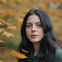 Capture a raw-style 4K HD, medium-distance, full body photo, as though shot by Sony Alpha II and Sony FE 200, of a 23-year-old female with green eyes, freckles, and long black hair, watching autumn leaves drifting down.