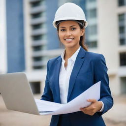 A confident woman civil engineer in professional attire, possibly wearing a safety helmet, with blueprints and a laptop, signifying her role as a project controller