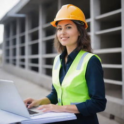 A confident woman civil engineer in professional attire, possibly wearing a safety helmet, with blueprints and a laptop, signifying her role as a project controller