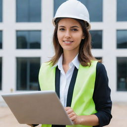 A confident woman civil engineer in professional attire, possibly wearing a safety helmet, with blueprints and a laptop, signifying her role as a project controller