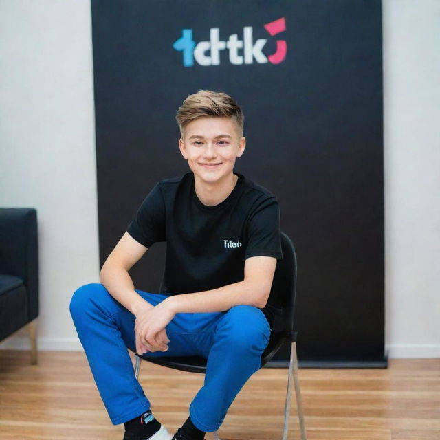 A boy sitting on a chair wearing blue pants and a black shirt, with a display of a TikTok account in the background.