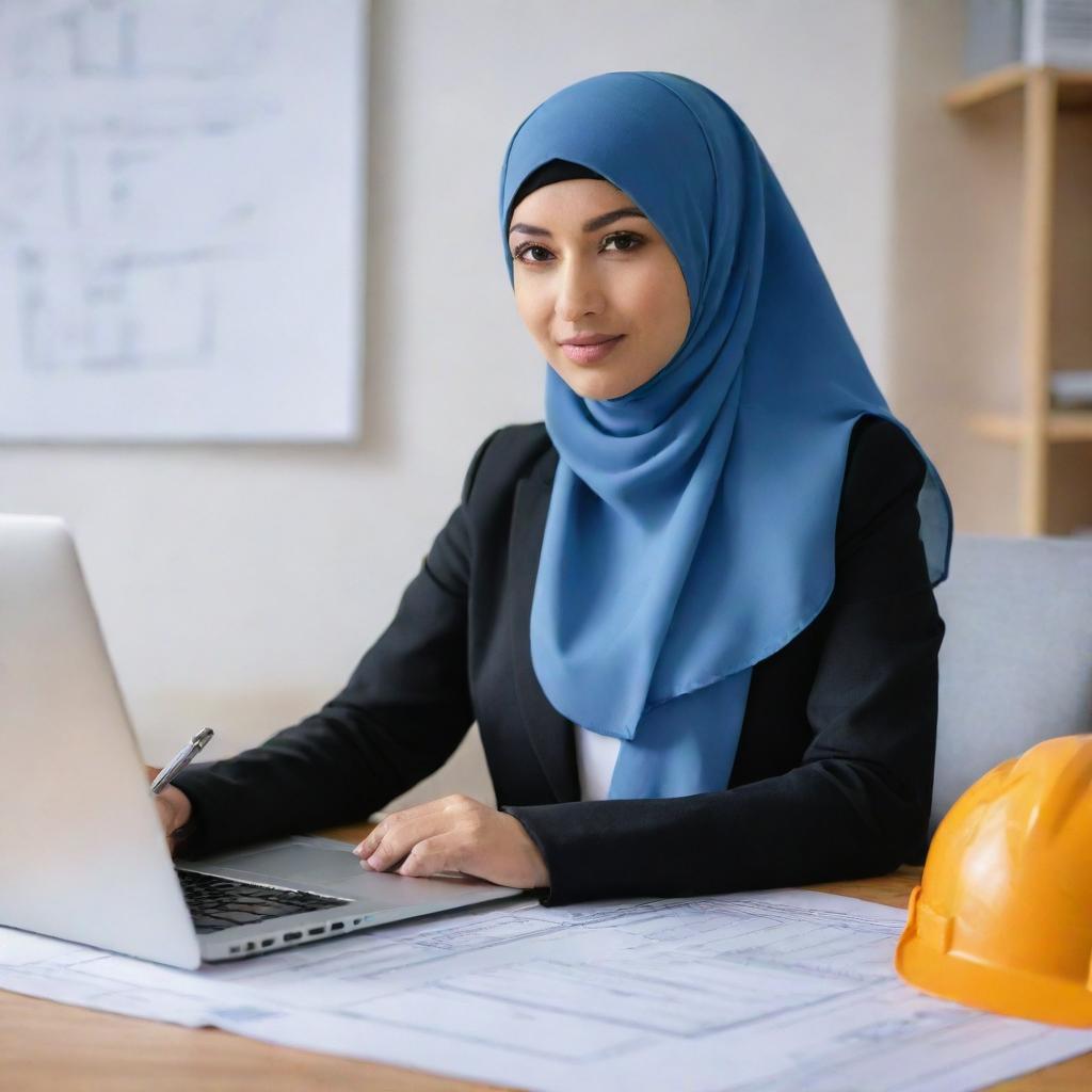 A dedicated Muslim woman civil engineer wearing a hijab, along with safety gear, in front of a laptop with blueprints, indicating her role as a project controller