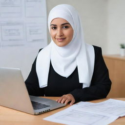 A dedicated Muslim woman civil engineer wearing a hijab, along with safety gear, in front of a laptop with blueprints, indicating her role as a project controller