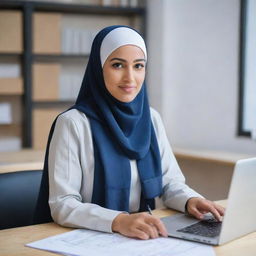 A dedicated Muslim woman civil engineer wearing a hijab, along with safety gear, in front of a laptop with blueprints, indicating her role as a project controller