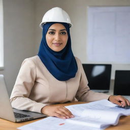 A dedicated Muslim woman civil engineer wearing a hijab, along with safety gear, in front of a laptop with blueprints, indicating her role as a project controller