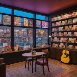 A spacious coffee shop with large windows, retro furniture, including a bookshelf, adorned with classic movie posters, and guitars on the wall, and accentuated with neon lighting.