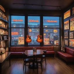 A spacious coffee shop with large windows, retro furniture, including a bookshelf, adorned with classic movie posters, and guitars on the wall, and accentuated with neon lighting.