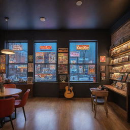 A spacious coffee shop with large windows, retro furniture, including a bookshelf, adorned with classic movie posters, and guitars on the wall, and accentuated with neon lighting.