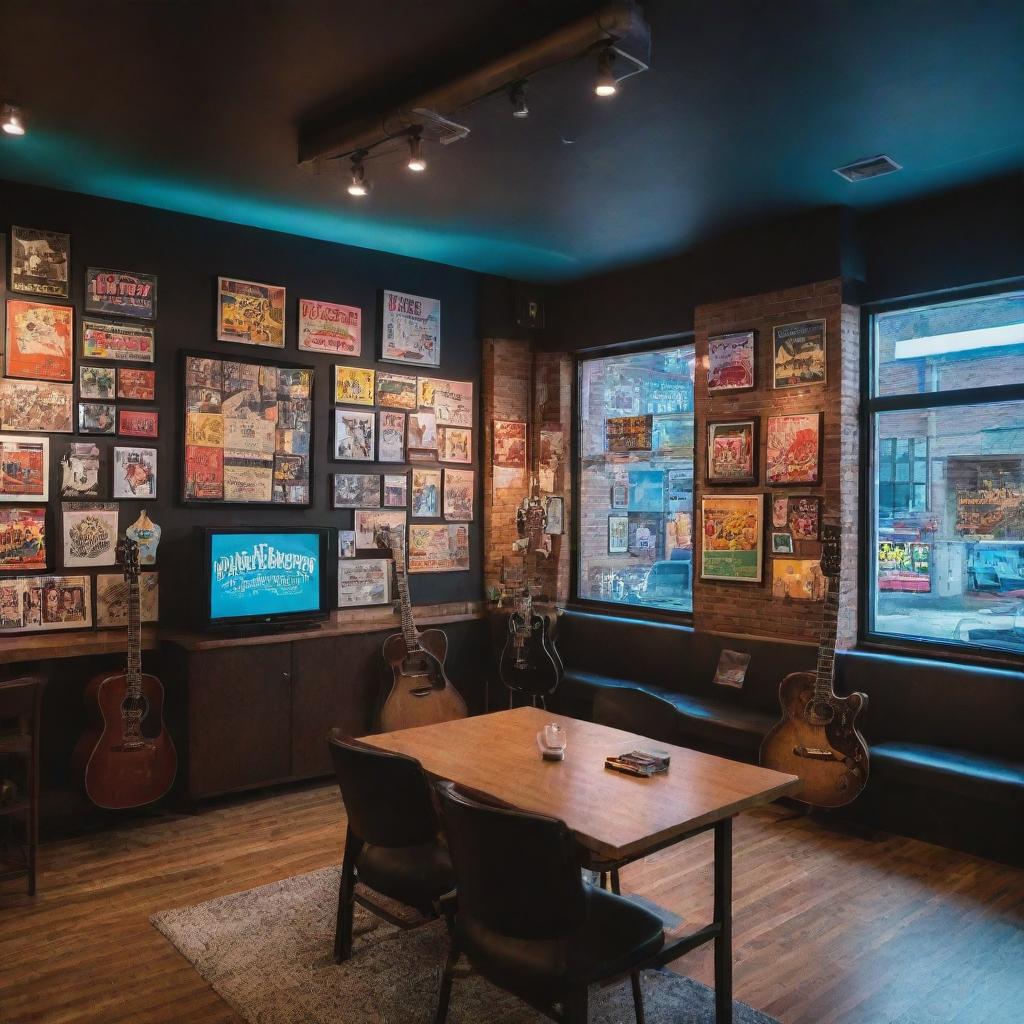 A spacious coffee shop with large windows, retro furniture, including a bookshelf, adorned with classic movie posters, and guitars on the wall, and accentuated with neon lighting.