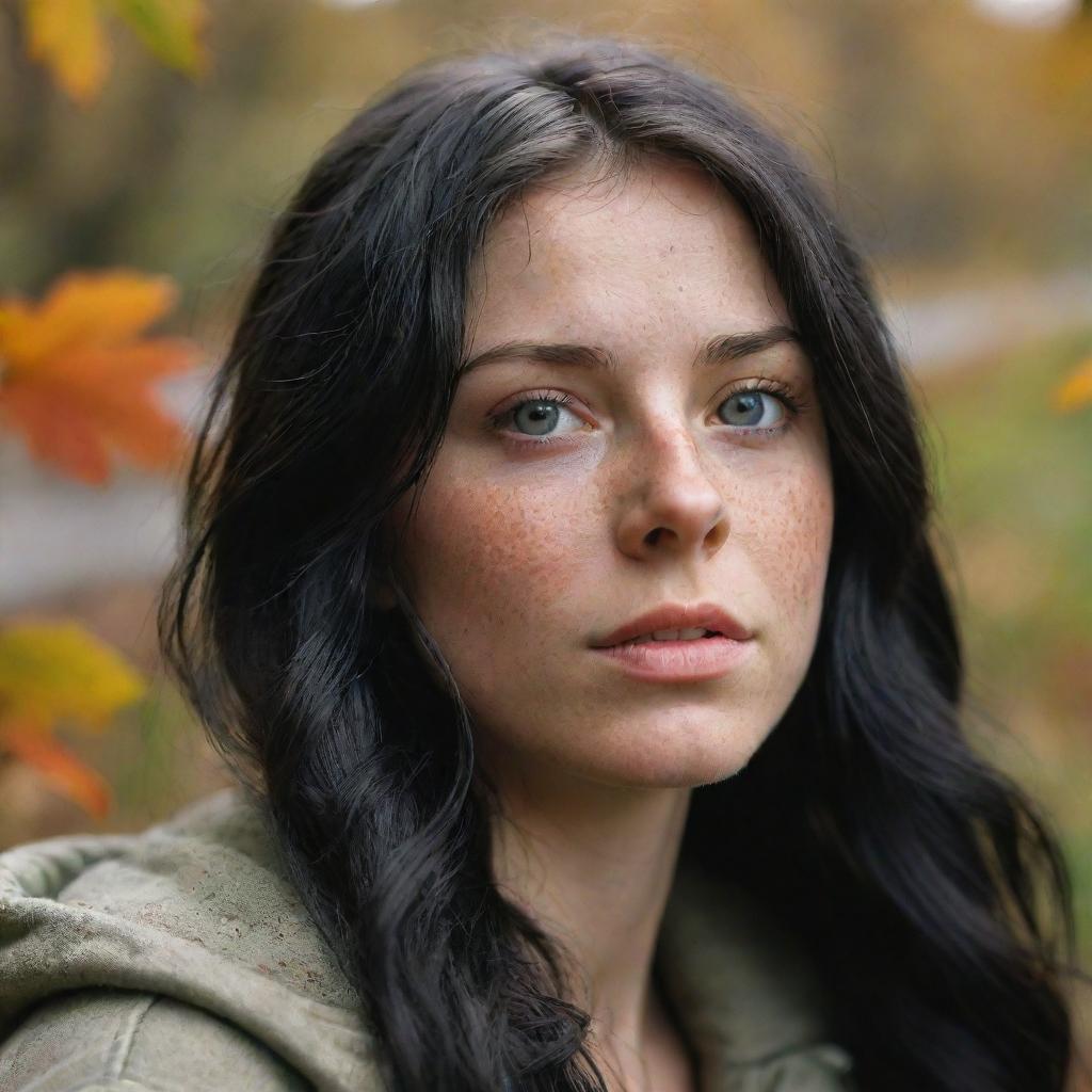 Capture an ultra-detailed, raw-style 4K HD, medium-distance, full-body photo, as though shot by Sony Alpha II and Sony FE 200, of a 23-year-old female with green eyes, freckles, and long black hair watching autumn leaves drifting down under natural light.