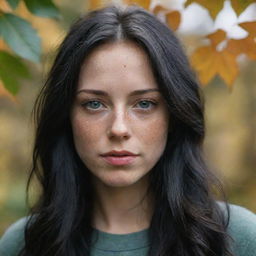 Capture an ultra-detailed, raw-style 4K HD, medium-distance, full-body photo, as though shot by Sony Alpha II and Sony FE 200, of a 23-year-old female with green eyes, freckles, and long black hair watching autumn leaves drifting down under natural light.