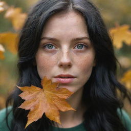 Capture an ultra-detailed, raw-style 4K HD, medium-distance, full-body photo, as though shot by Sony Alpha II and Sony FE 200, of a 23-year-old female with green eyes, freckles, and long black hair watching autumn leaves drifting down under natural light.