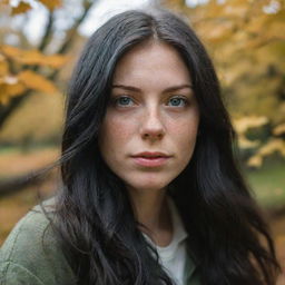 Capture an ultra-detailed, raw-style 4K HD, medium-distance, full-body photo, as though shot by Sony Alpha II and Sony FE 200, of a 23-year-old female with green eyes, freckles, and long black hair watching autumn leaves drifting down under natural light.