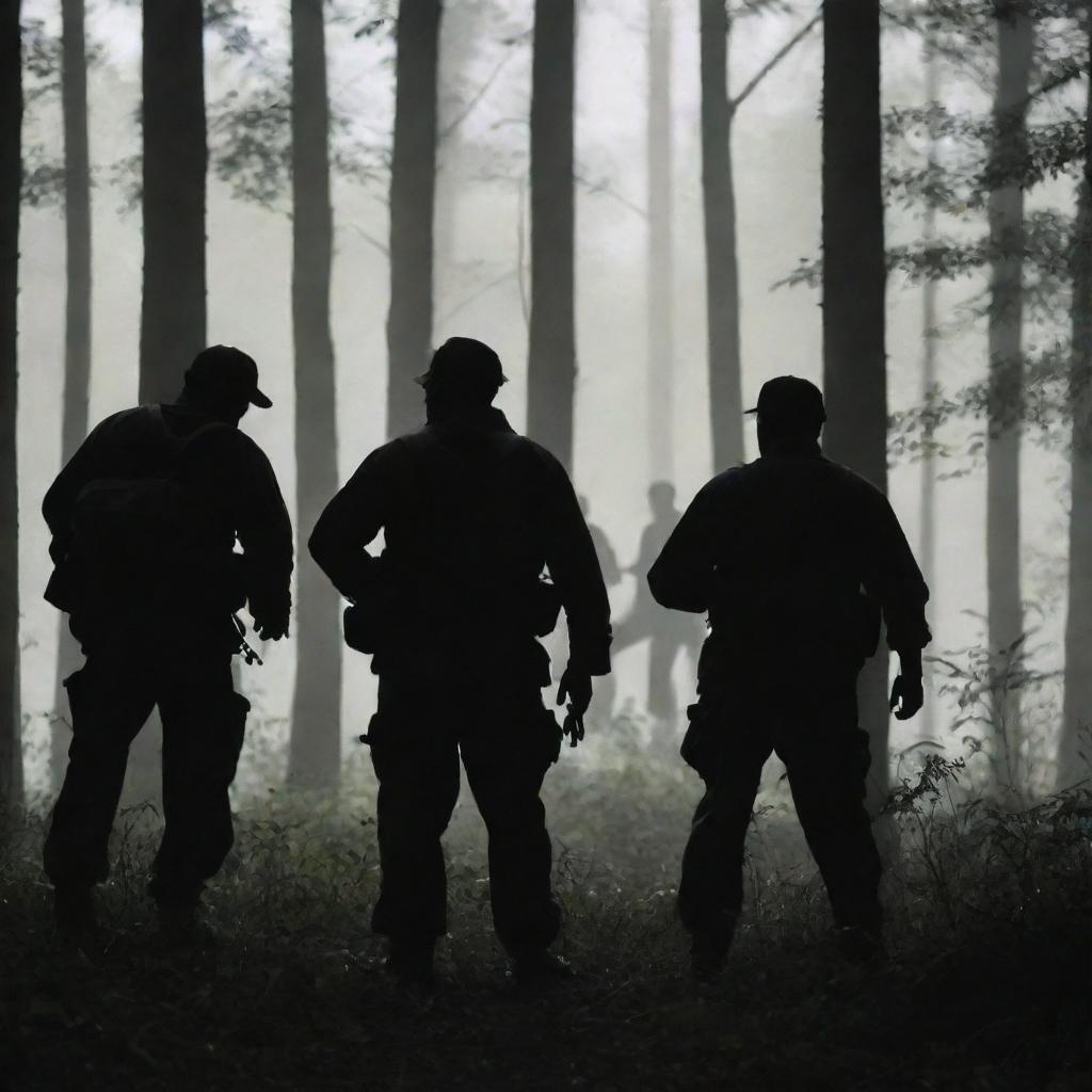 A group of large, strong men, silhouetted against the dense forest, engaged in a hunting expedition