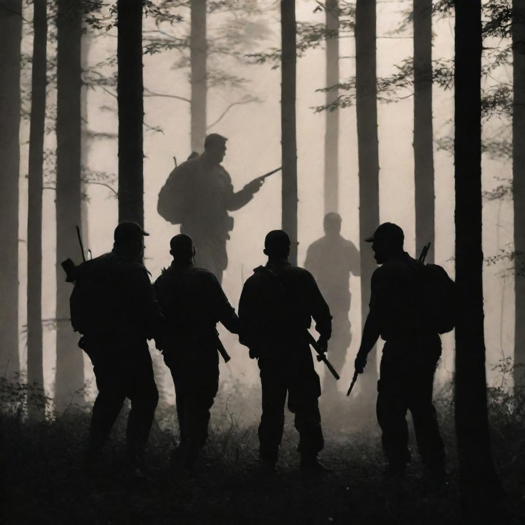 A group of large, strong men, silhouetted against the dense forest, engaged in a hunting expedition