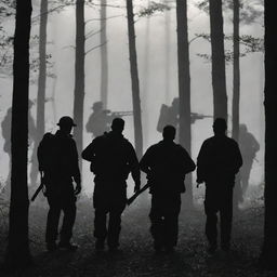 A group of large, strong men, silhouetted against the dense forest, engaged in a hunting expedition