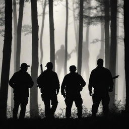 A group of large, strong men, silhouetted against the dense forest, engaged in a hunting expedition