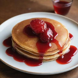 A perfectly golden-brown pancake lathered with glossy, vibrant jelly