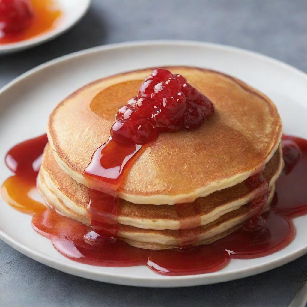 A perfectly golden-brown pancake lathered with glossy, vibrant jelly