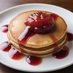 A perfectly golden-brown pancake lathered with glossy, vibrant jelly