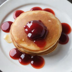 A perfectly golden-brown pancake lathered with glossy, vibrant jelly