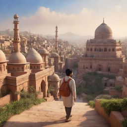 Disney Pixar-style image of a traveling Islamic student exploring a scenic Indian city teeming with natural beauty.