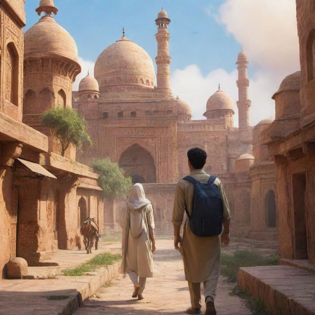 Disney Pixar-style image of a traveling Islamic student exploring a scenic Indian city teeming with natural beauty.